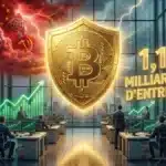 Illustration conceptuelle de la cryptomonnaie agissant comme un bouclier géopolitique attirant un milliard de dollars via les ETF Bitcoin.