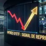 Tableau de bord financier illustrant le retournement de tendance et l'afflux massif de capitaux vers les fonds régulés de cryptomonnaies.