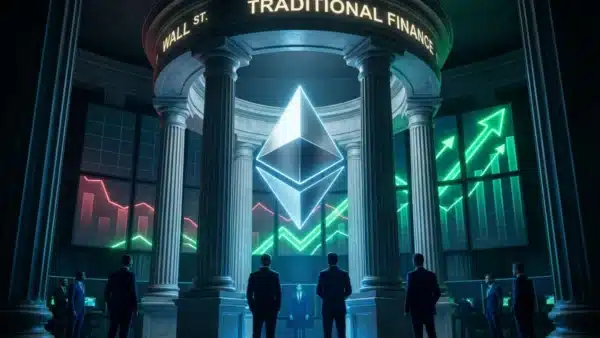 Illustration de Wall Street sauvant le cours de l'Ethereum (ETH) via les flux des ETF Ethereum.