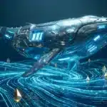 Une baleine cybernétique géante nageant dans un océan de données numériques, symbolisant l'accumulation massive d'Ethereum par les institutionnels.