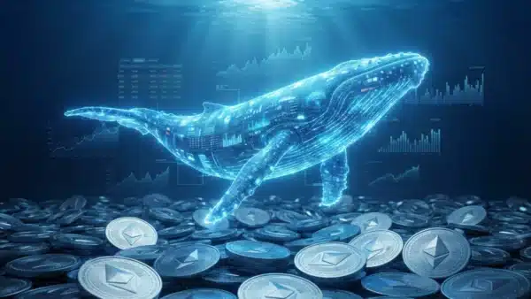 Illustration d'une immense baleine crypto investissant massivement sur le réseau Ethereum.