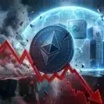 Illustration du jeton Ethereum chutant lourdement tandis que la DeFI crypto reste protégée par un bouclier lumineux.