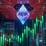 Illustration 3D du logo Ethereum brisant la résistance des 2 250 dollars avec des bougies vertes explosives