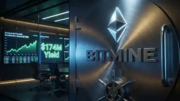 Illustration conceptuelle de l'accumulation massive d'Ethereum (ETH) par l'entreprise Bitmine pour ses opérations de staking institutionnel.