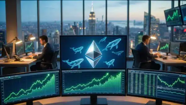 Graphique boursier illustrant l'accumulation massive d'Ethereum par les grands investisseurs et la hausse du cours de l'ETH vers 2 000 dollars.