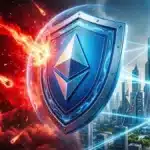 Illustration spectaculaire d'Ethereum formant un bouclier d'énergie pour protéger la cité de la DeFi contre un krach du marché crypto.