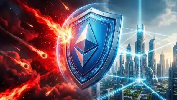 Illustration spectaculaire d'Ethereum formant un bouclier d'énergie pour protéger la cité de la DeFi contre un krach du marché crypto.