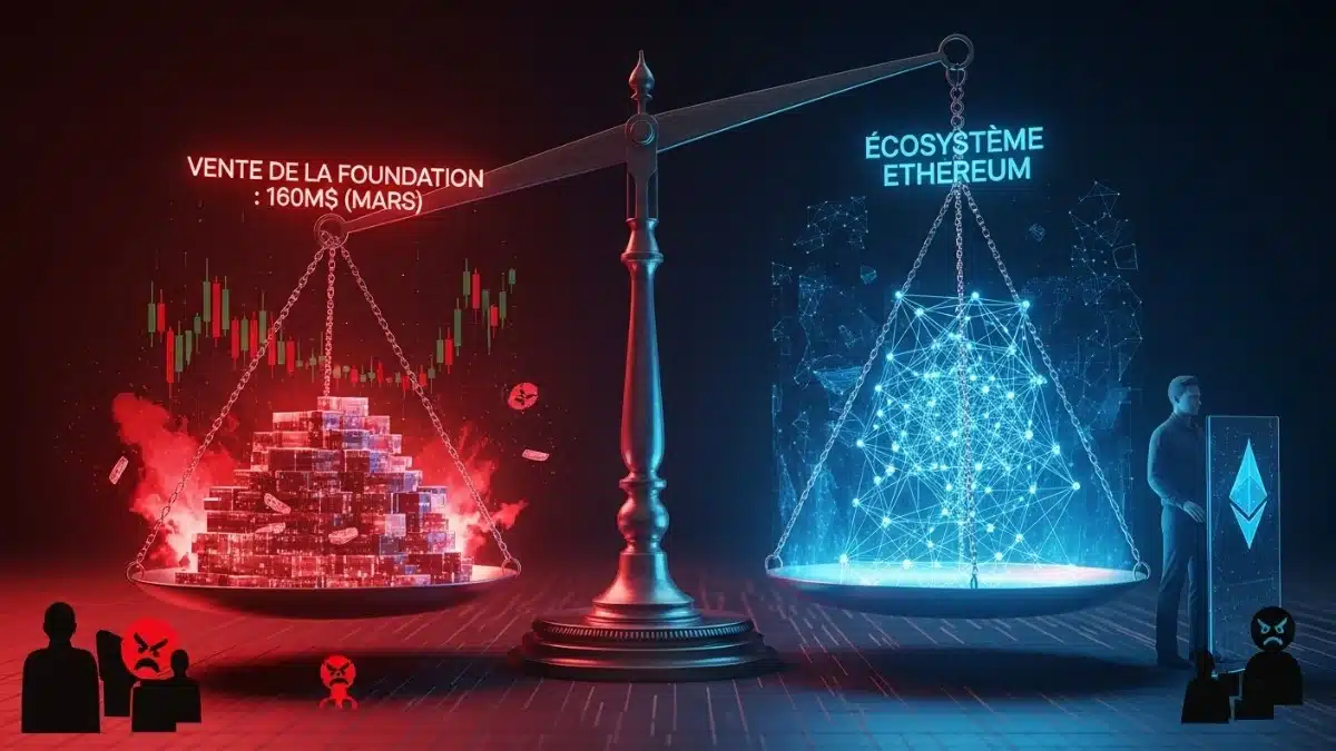 Illustration conceptuelle d'une balance numérique montrant la polémique des ventes d'ETH par la Fondation (160M$) face à la défense de l'écosystème décentralisé qui n'est pas une entreprise.