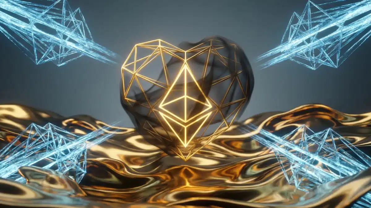 Illustration abstraite et futuriste de l'architecture d'Ethereum évoluant vers une structure fluide et résistante pour contrer les menaces quantiques bleues, tout en intégrant des couches de confidentialité natives sombres.