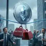 Illustration du jeton Ethereum en équilibre instable face au surendettement des acheteurs sur les marchés dérivés.