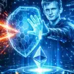 Illustration de Vitalik Buterin protégeant le réseau Ethereum face à la menace de l'ordinateur Quantum.
