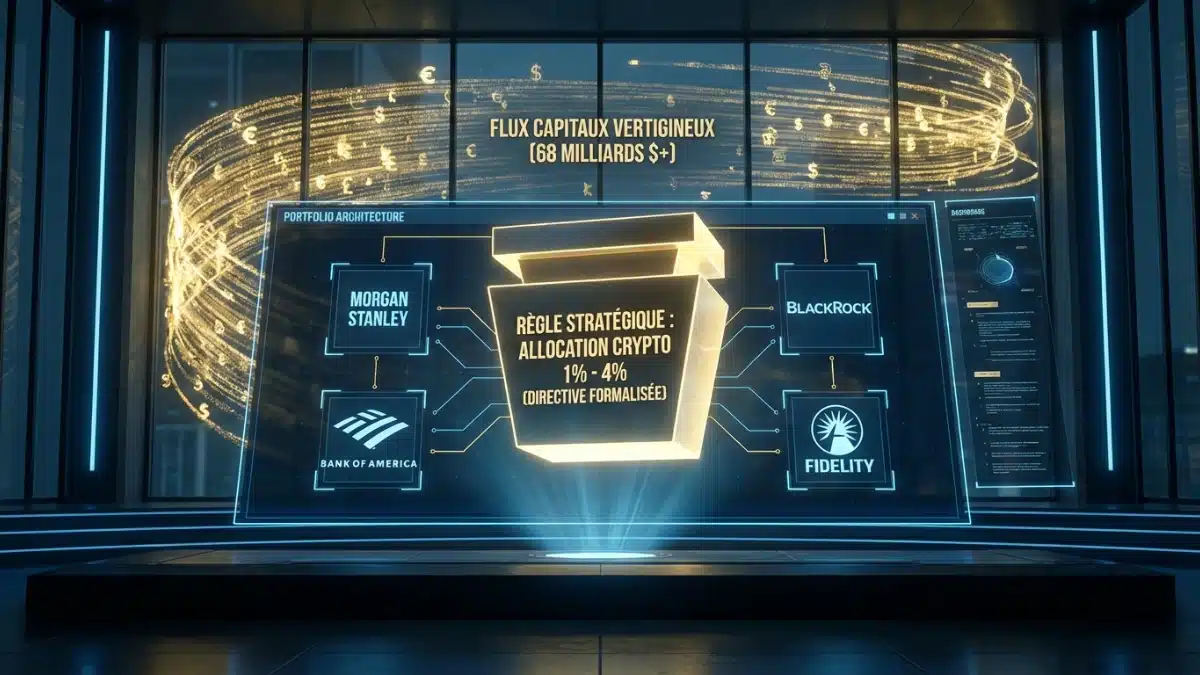 Illustration futuriste d'un tableau de bord stratégique où les grandes institutions financières (Morgan Stanley, BlackRock) formalisent une règle d'allocation de 1% à 4% en cryptomonnaies face à des flux de capitaux massifs de 68 milliards de dollars.