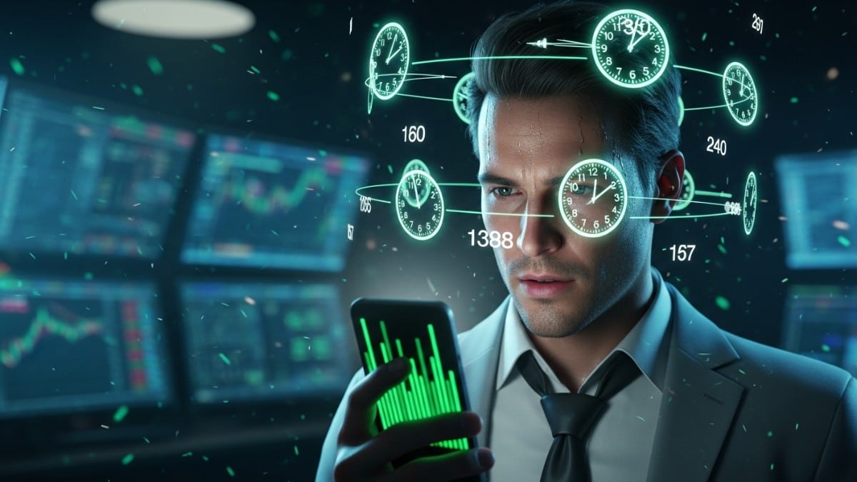 Un investisseur angoissé regarde une courbe haussière sur son téléphone portable.