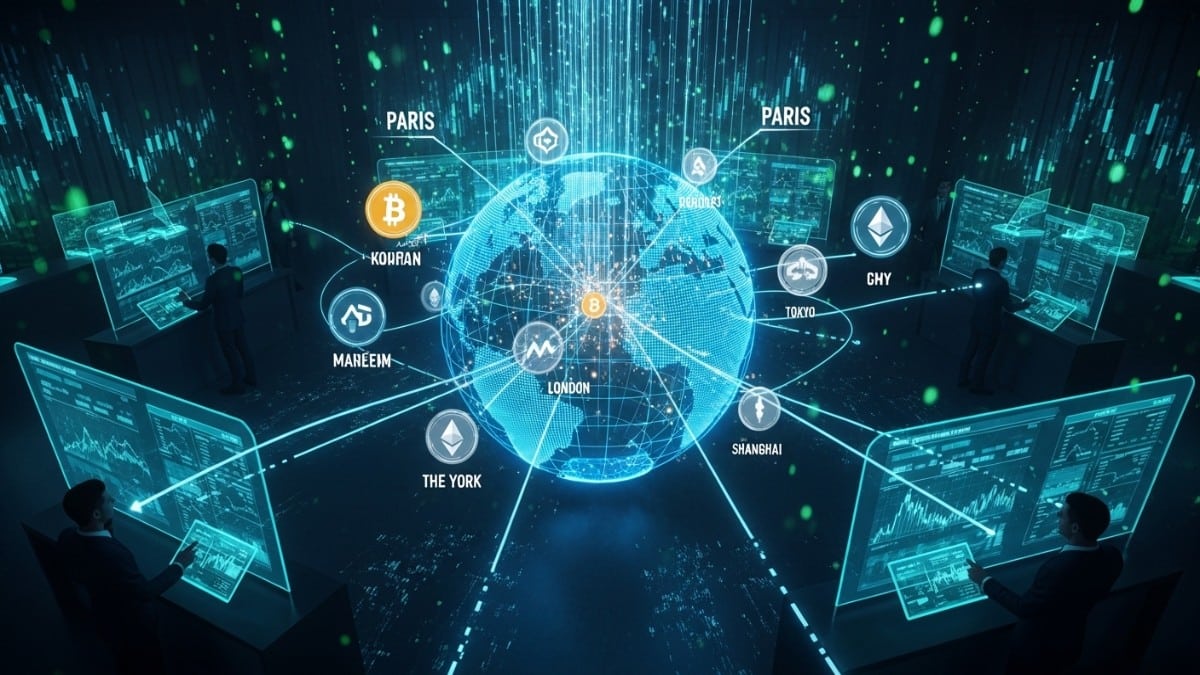 Un globe terrestre holographique illustre le marché mondial des cryptomonnaies.