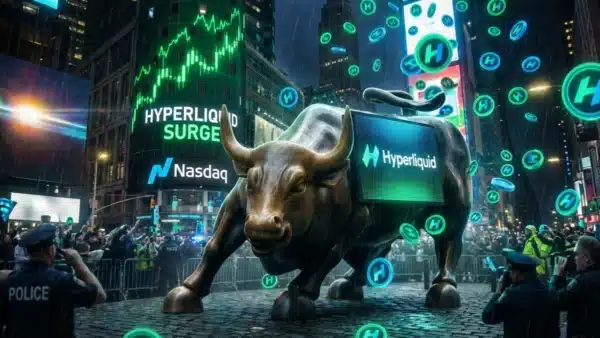 Illustration du marché financier célébrant l'arrivée de l'ETF Hyperliquid de Grayscale sur le Nasdaq.