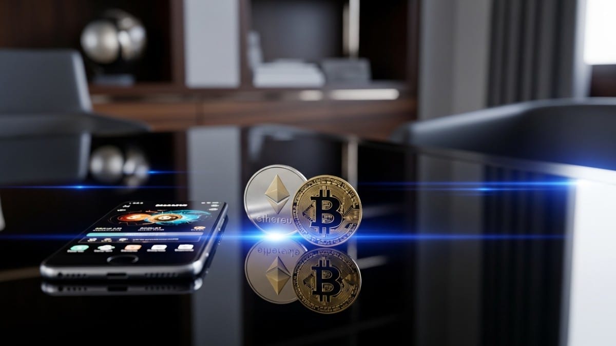 Un smartphone affiche un portefeuille crypto à côté de pièces Bitcoin et Ethereum.