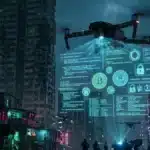 Illustration d'un drone autonome effectuant un paiement en crypto grâce à l'intelligence artificielle.