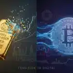 Illustration conceptuelle du rapport de JPMorgan analysant le transfert des flux financiers de l'or vers le Bitcoin.