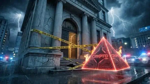 Illustration du scandale judiciaire visant JPMorgan, accusée de complicité dans un vaste système de Ponzi lié à la crypto.