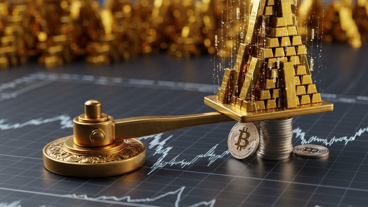 Un levier mécanique doré soulève des lingots pour illustrer le trading sur marge.