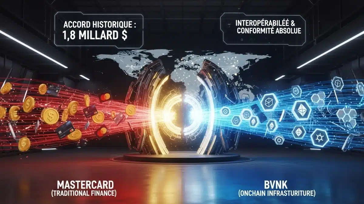Illustration conceptuelle de la fusion entre Mastercard (finance traditionnelle) et BVNK (infrastructure blockchain) pour 1,8 milliard de dollars, créant une interopérabilité mondiale des paiements.