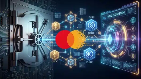 Illustration de l'acquisition de BVNK par Mastercard pour intégrer les paiements en stablecoin et connecter la finance traditionnelle à la crypto.