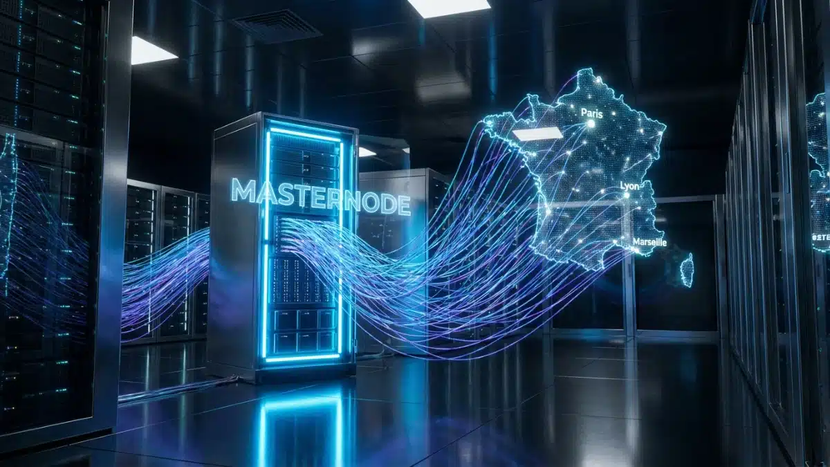 Un data center moderne héberge un serveur Masternode connecté au réseau français.
