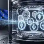 Illustration d'un coffre-fort numérique sécurisant la cryptomonnaie sous la régulation MiCA en Europe.