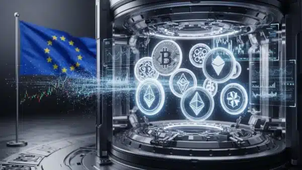 Illustration d'un coffre-fort numérique sécurisant la cryptomonnaie sous la régulation MiCA en Europe.