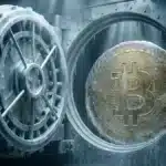 Illustration d'un coffre-fort gelé symbolisant l'arrêt des achats de Bitcoin par MicroStrategy.