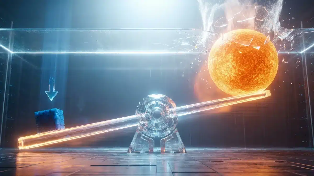 Illustration abstraite d'un levier financier futuriste où un flux institutionnel concentré (bleu) propulse exponentiellement la capitalisation du Bitcoin (orange) à travers une barrière symbolique, illustrant l'effet multiplicateur et le dépassement des 100 000 $.