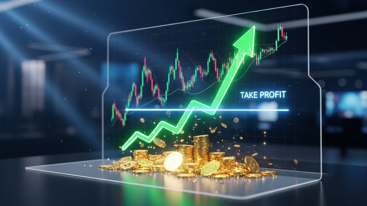Un écran affiche une courbe atteignant un niveau de Take Profit avec des pièces d'or.