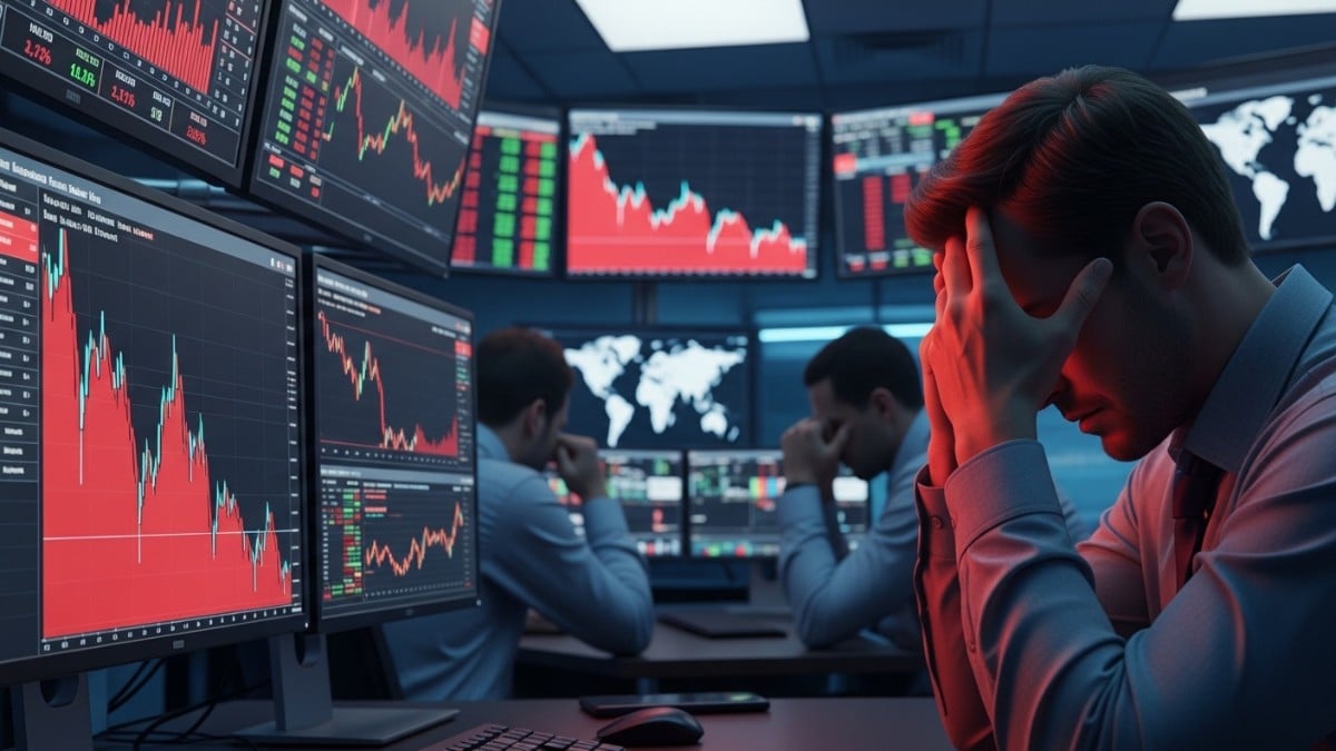 Un investisseur angoissé observe l'effondrement d'un graphique boursier rouge.