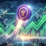 Illustration du jeton Pi Network s'envolant sur les graphiques boursiers de la crypto.