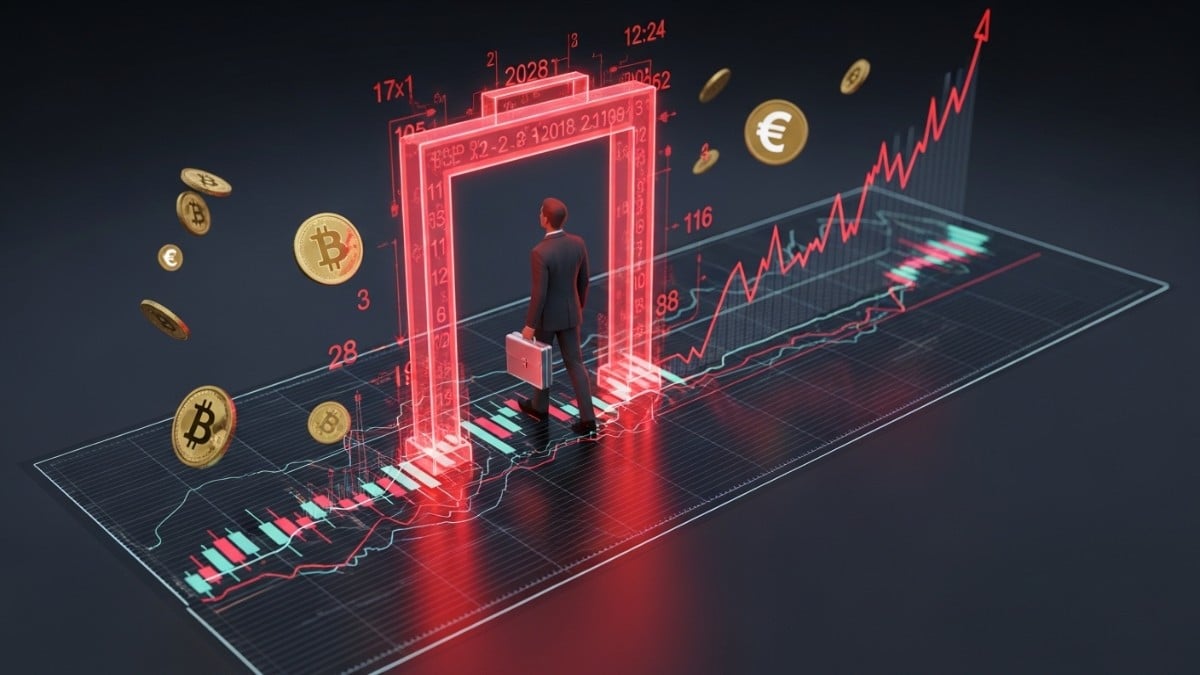Un trader virtuel franchit une porte lumineuse rouge sur un graphique boursier.