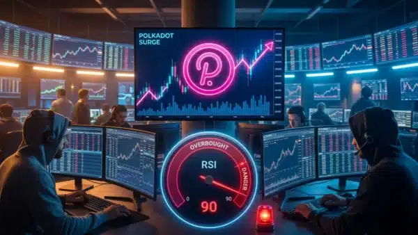 Illustration de la hausse de l'altcoin Polkadot accompagnée d'un indicateur RSI en extrême surchauffe sur le marché crypto.