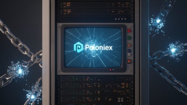 Un ancien serveur informatique affiche le logo de la bourse Poloniex.