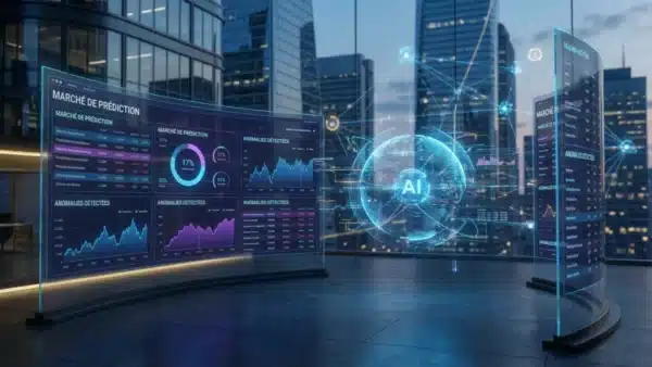 Illustration conceptuelle de l'intégration de l'Intelligence Artificielle de Palantir sur la plateforme Polymarket pour surveiller les marchés.