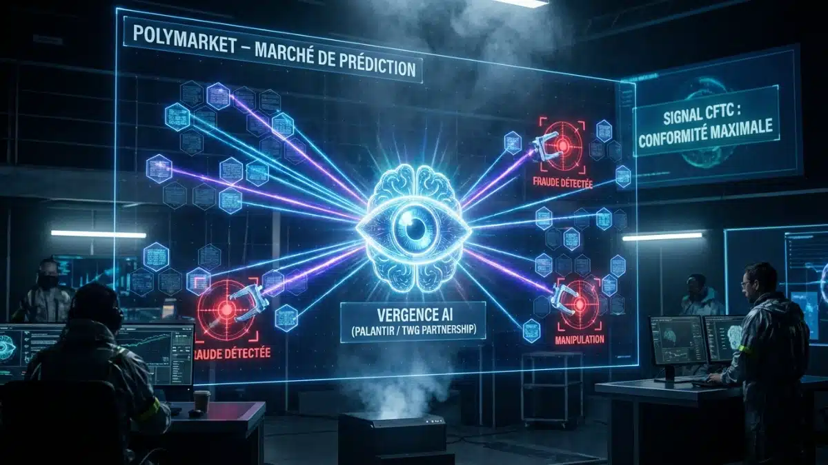 Illustration futuriste d'une interface de contrôle cybernétique montrant l'IA Vergence de Polymarket (partenariat Palantir) scannant le réseau Polygon pour détecter et bloquer la fraude en temps réel.