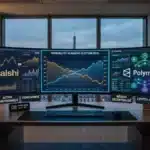 Illustration conceptuelle de la guerre stratégique entre les plateformes Polymarket et Kalshi pour dominer le marché de prédiction mondial.