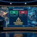 Tableau de bord financier illustrant un marché de prédiction crypto spéculant sur des risques géopolitiques extrêmes.