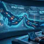 Illustration du détroit d'Ormuz sous haute tension, avec des données du marché de prédiction Polymarket superposées.