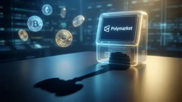 Conceptualisation du marché de prédiction Polymarket faisant face à la justice et à la régulation américaine suite à un scandale crypto.
