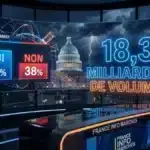 Illustration conceptuelle de l'explosion des volumes sur le marché de prédiction Polymarket, sur fond de tensions géopolitiques et de scandales.