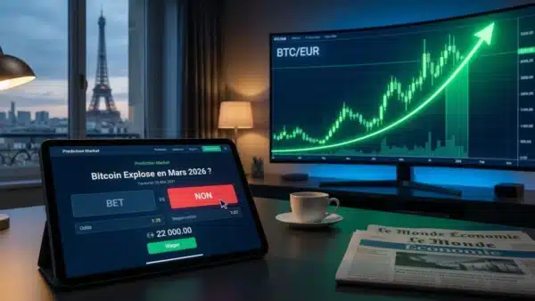 Graphique confrontant les prédictions baissières de Polymarket à l'analyse technique haussière du cours du Bitcoin.
