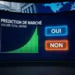 Tableau de bord financier illustrant le record de volume de la plateforme Polymarket face aux tensions géopolitiques mondiales.