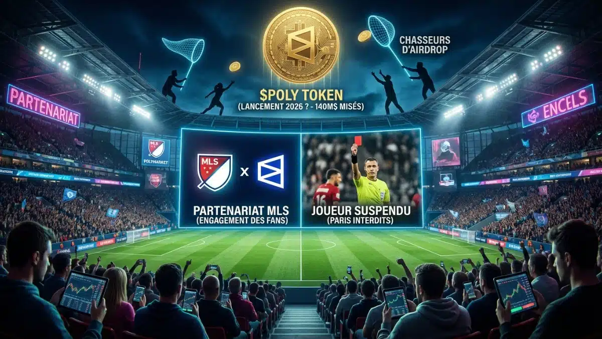 Illustration conceptuelle d'un stade de foot divisé : un écran géant oppose le partenariat officiel MLS/Polymarket à la suspension d'un joueur pour paris, tandis qu'une frénésie spéculative sur le lancement du jeton POLY (140M$) illumine les tribunes.