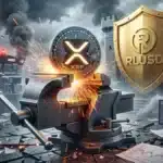 Illustration du jeton XRP pris au piège dans un étau métallique sur les marchés financiers.