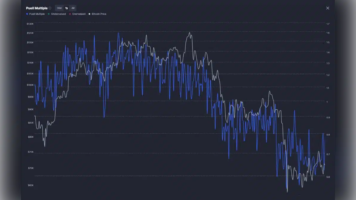 Graphique comparatif montrant l'évolution de l'indicateur Puell Multiple en bleu et du prix du Bitcoin en gris sur une période de 12 mois.