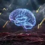 Un cerveau numérique lumineux survole des vagues rouges tumultueuses, illustrant la résistance du Bittensor (TAO) face à la panique boursière, avec une valorisation de Bittensor (TAO) stable à 278.78$.